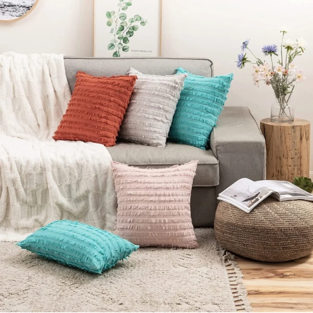 Luxury Home | Boho Chic Turquoise Frayed Striped Jaquard Lumbar Pillow Covers